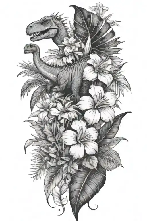 Tropical Leaves With Flowers Whith Dinosaur
