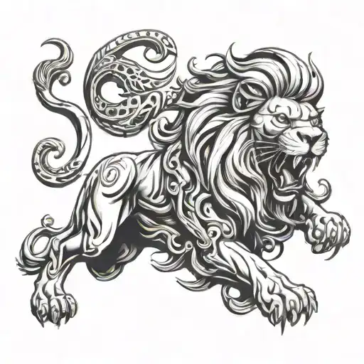 Lion Roaring And Warrior Figure