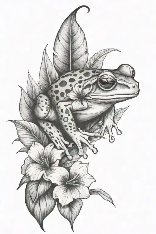 Small Frog And Tropical Leaves And Hibiscus