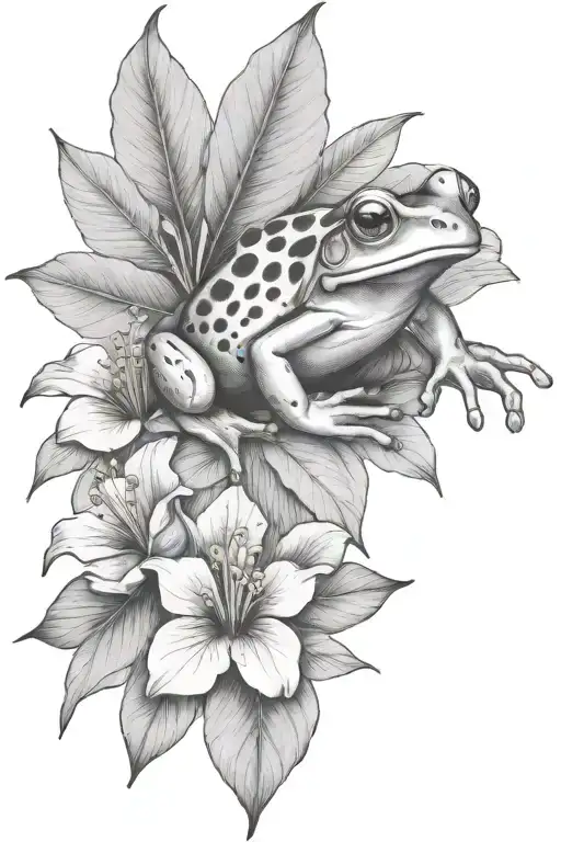Small Frog And Tropical Leaves And Hibiscus