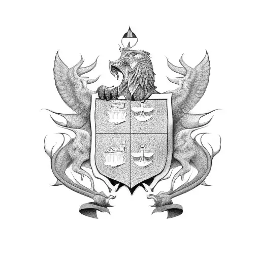 A Black And Grey Depiction Of A Family Crest Or Coat Of Arms With A Modern Twist