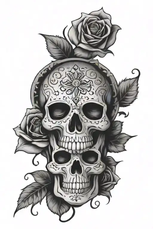 Day Of The Dead Skull With Rose On Top And Cross On Bottom