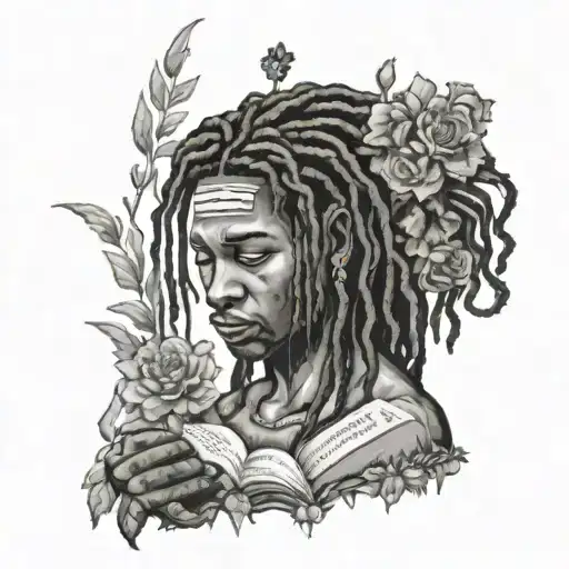 A Black Men With Dreads And Scars And Blood In A Flower Field Reading The Bible