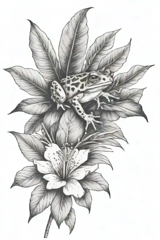 Small Frog And Tropical Leaves And Hibiscus