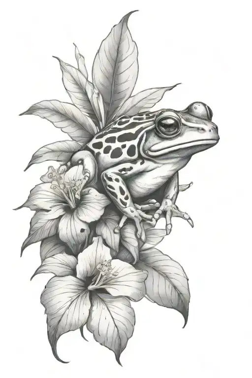 Small Frog And Tropical Leaves And Hibiscus