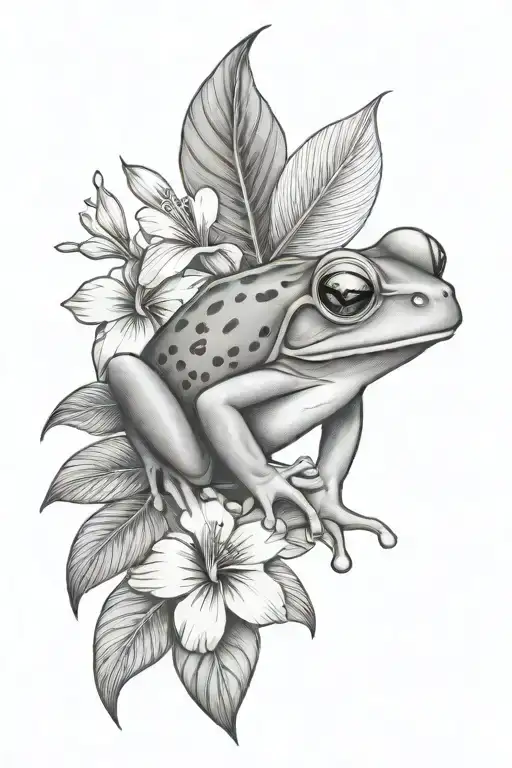 Small Frog And Tropical Leaves And Hibiscus