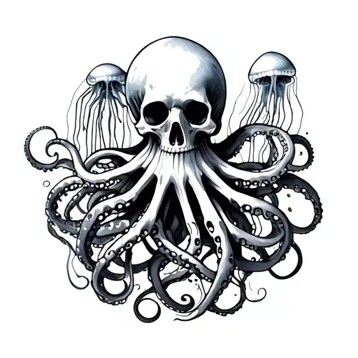 Octopus And Jellyfish And Skeleton Wrapping Around Arm