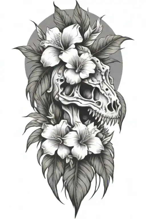 Tropical Leaves With Flowers An T Rex Skull
