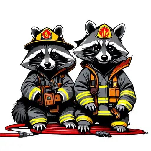 Three Firefighter Raccoons Stacked Ontop Of Eachouther With A Fire Hose