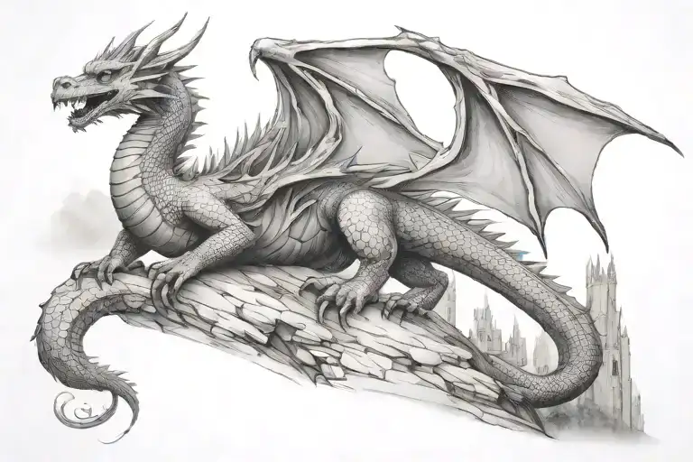 Dragon On A Hill Looking At A Castle