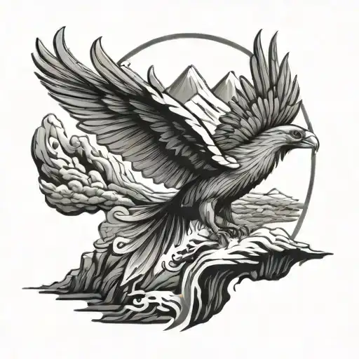 Phoenix Coming Out Of The Ashes Of Valcano Ash And Mountians