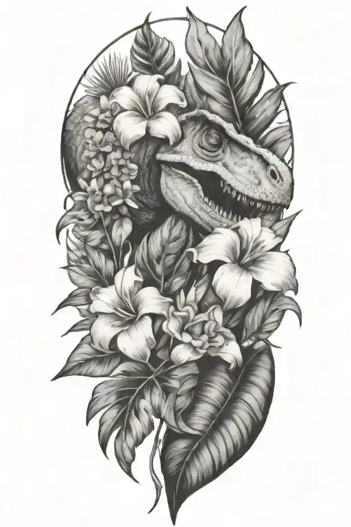 Tropical Leaves With Flowers An T Rex