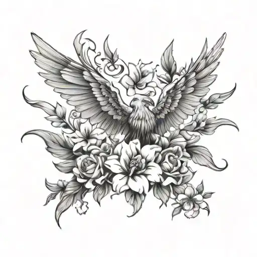 Flowers And Phoenix Wings Spread