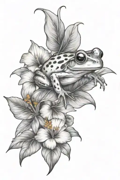 Litle Frog And Tropical Leaves And Hibiscus