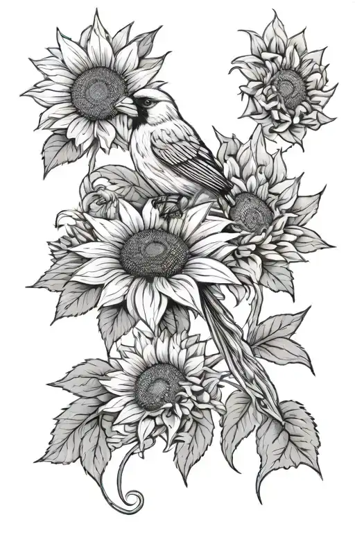 Cardinal Bird And Sunflower Surrounded