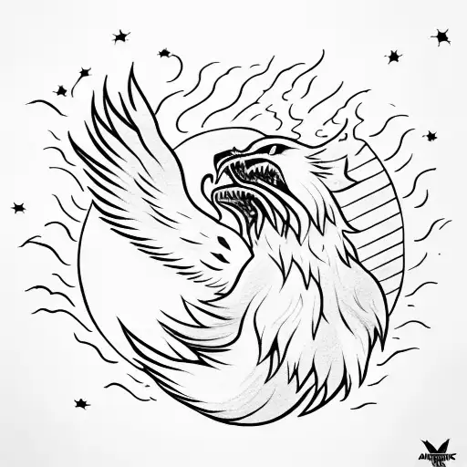 Dark Dog Howling Moon With A Phoenix Flying Towards The Sun