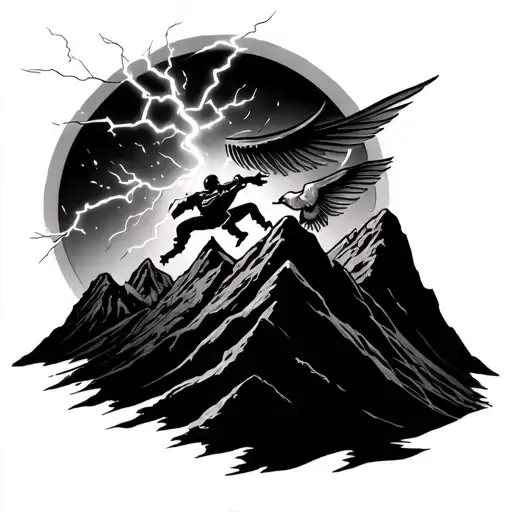Create A Tattoo Of Achillies Fighting With Lightning At The Top Of A Mountain And An Eye