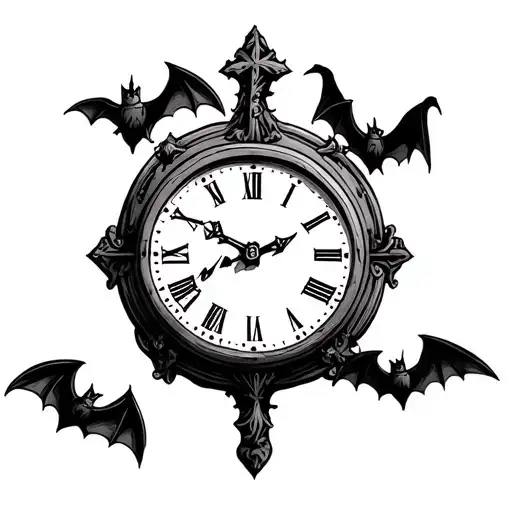 Old Clock With Cross As Dial With Bats Around Clock