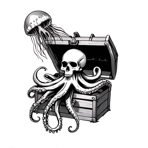 Octopus And Jellyfish Treasure Chest And Skeleton