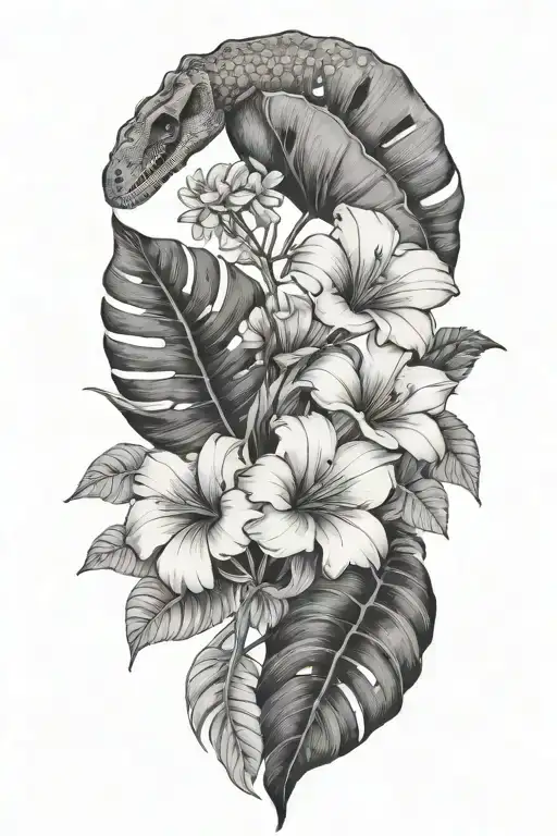 Tropical Leaves With Flowers Whith Dinosaur Fossil