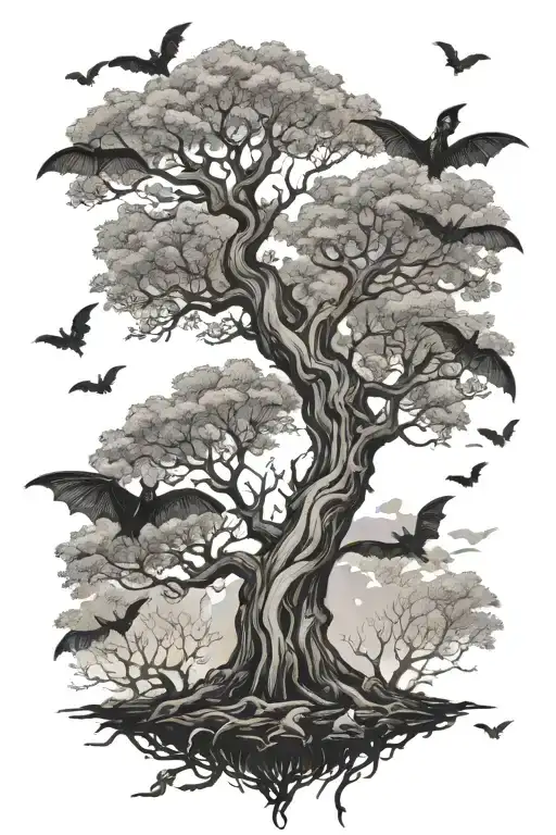 Posion Tree With Bats Flying Across