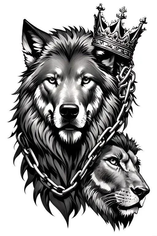 Wolf Chained And Lion With Crown