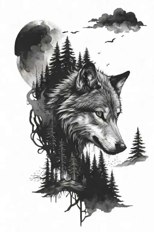 Monochromatic Night Scene Will A Forest And A Wolf