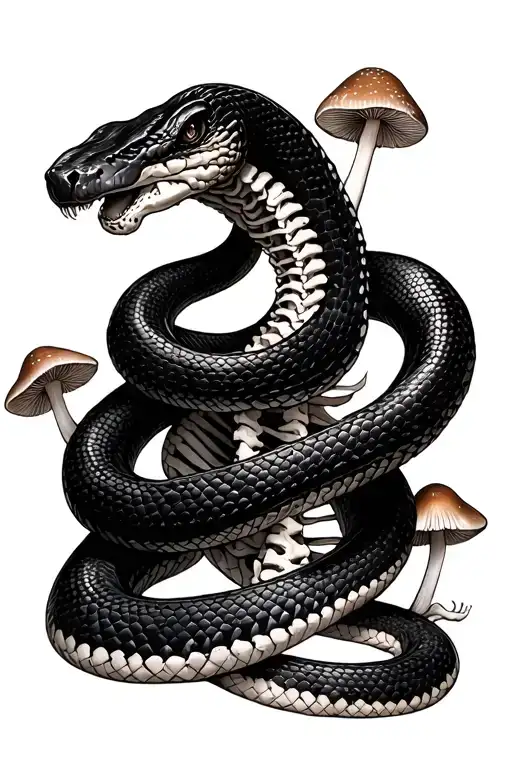 Black Snake Wrapped Around Another Snake Skeleton Surrounded By Mushrooms
