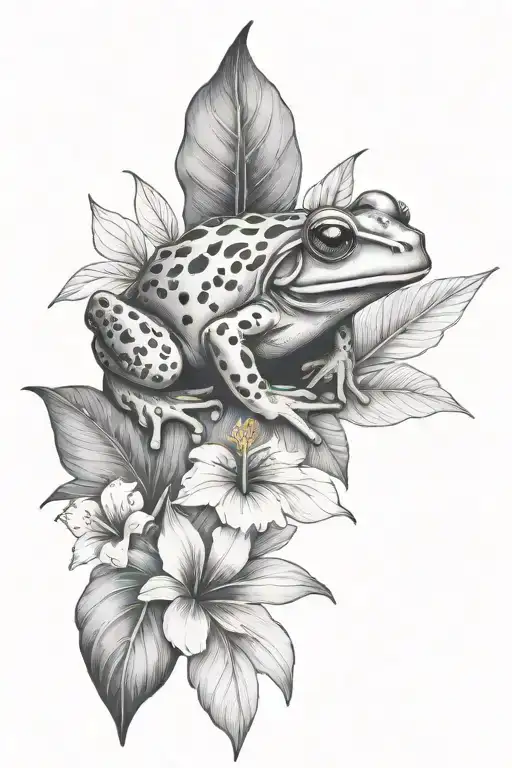Small Frog And Tropical Leaves And Hibiscus