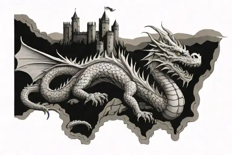 Dragon On A Hill Looking At A Castle