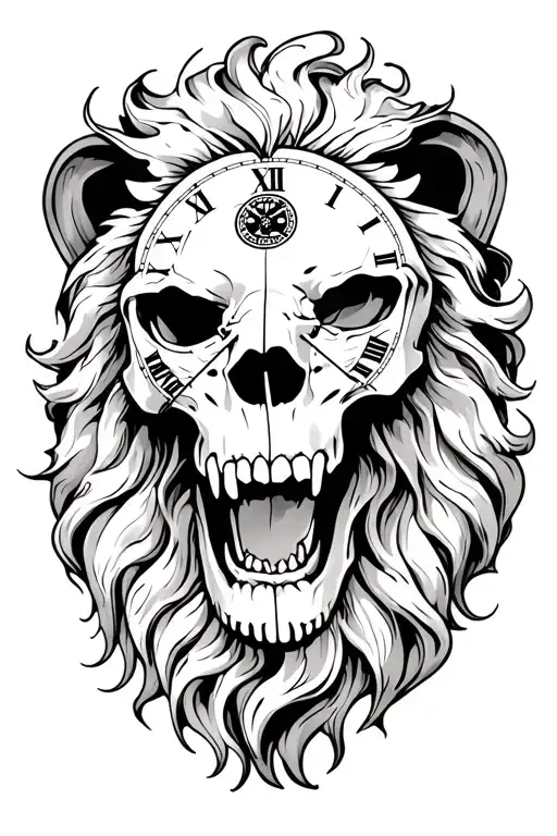 Lion Skull Clock Tattoo Design