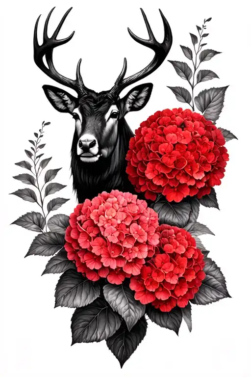 Red Hydrangeas And Black Stag