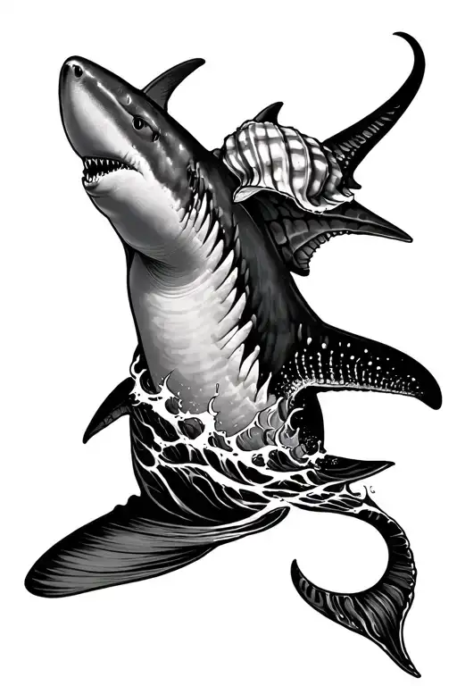 Shark And Stingray With Wave At The Bottom Of Tatto And End With A Conch Shell On Top Of The