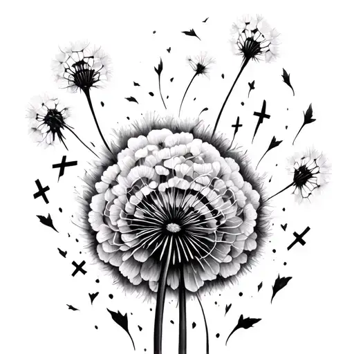 Just Breathe Dandelion Tattoo With Pieces Flying Away With Tiny Crosses Mixed In On Inner Lower Arm