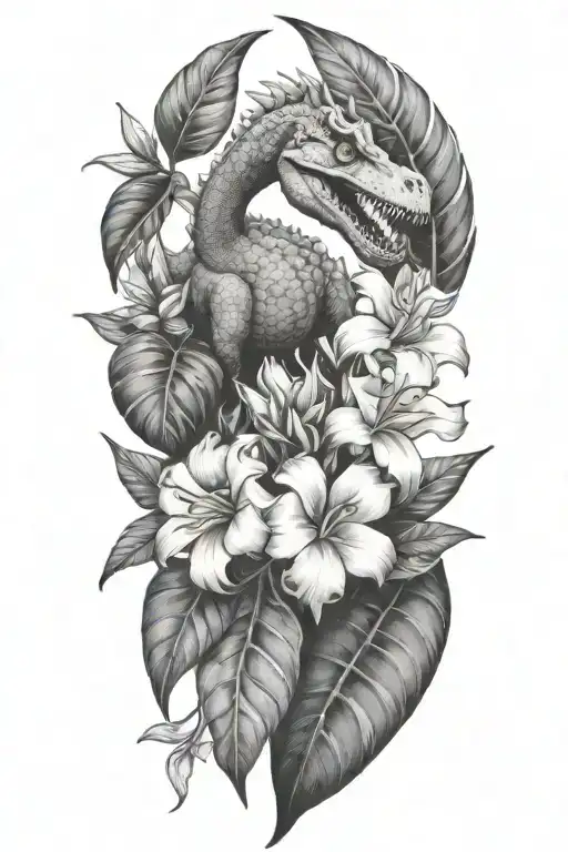 Tropical Leaves With Flowers Whith Dinosaur