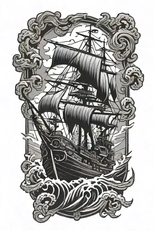 Ship And Kraken Attacking A Ship Sailing Through Stormy