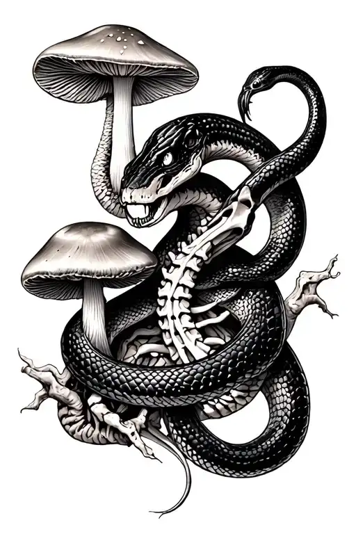 Black Snake Intertwined With Snake Skeleton Surrounded By Mushrooms