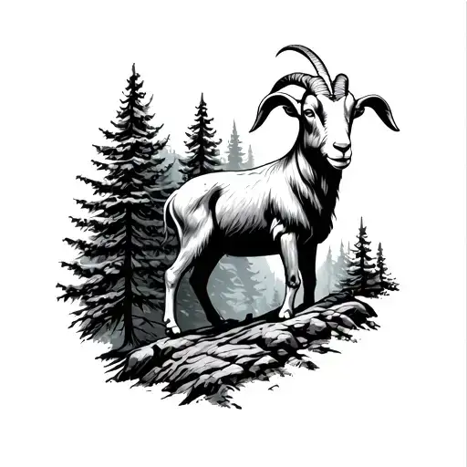 Goat In Ravine With Pine Tree Forest