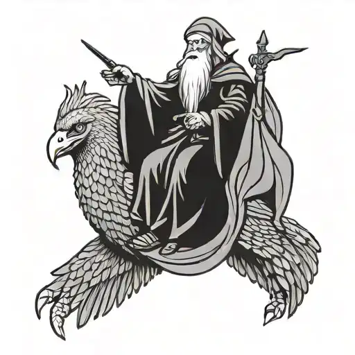 Grey Wizard Riding A Giant Eagle