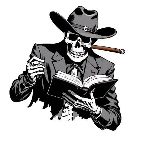 Skeleton Cowboy Reading A Book With A Cigar In His Mouth