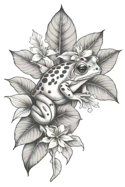 Small Frog And Tropical Leaves And Hibiscus