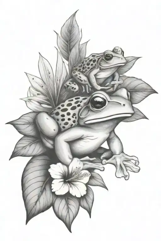Small Frog And Tropical Leaves And Hibiscus