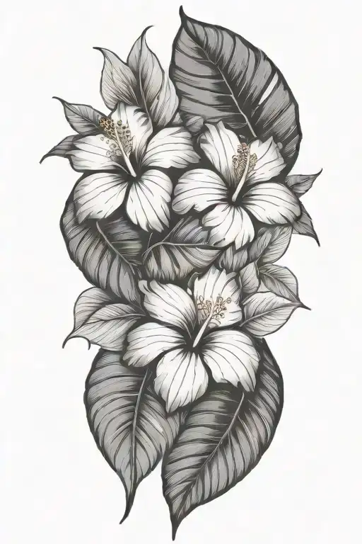 Tropical Leaves With Hibiscus Flowers