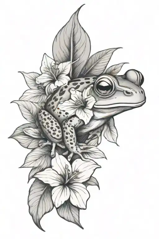 Small Frog And Tropical Leaves And Hibiscus