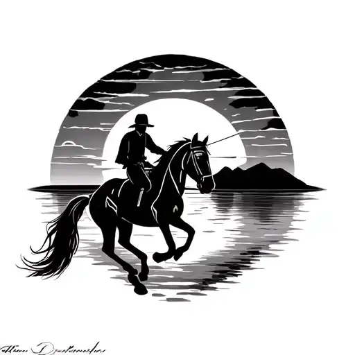 Horse And Rider And Sunset Reflecting