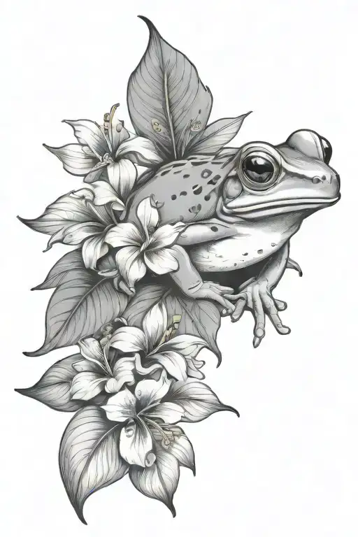 Litle Frog And Tropical Leaves And Hibiscus