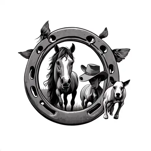 Horse Shoe With Cowgirl And Horse And Dog Inside Surrounded