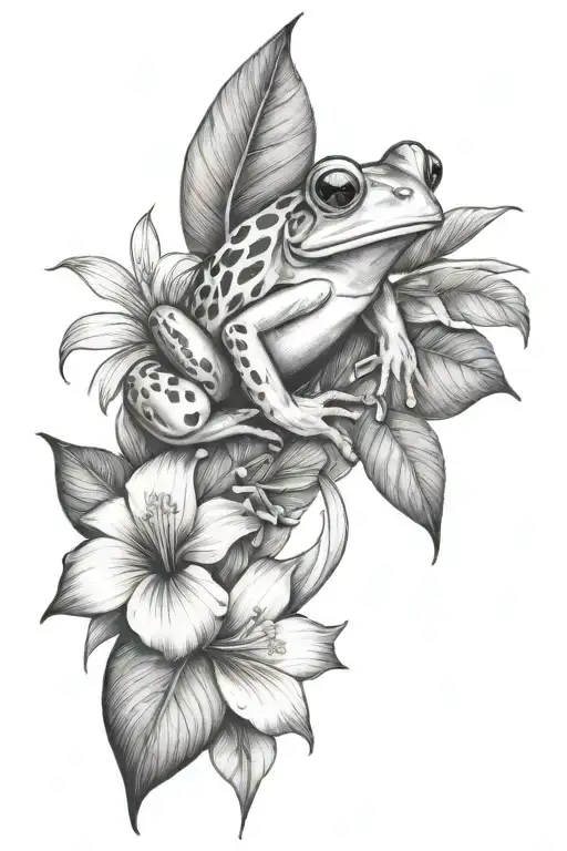 Small Frog And Tropical Leaves And Hibiscus