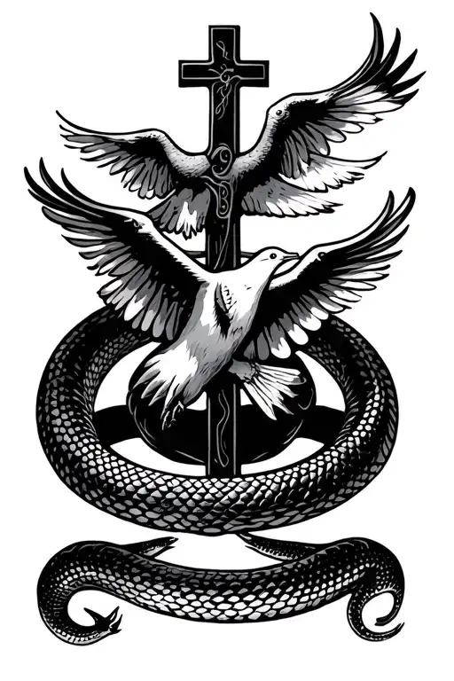 Cross With Snake Around Bottom And Dove Taking Off
