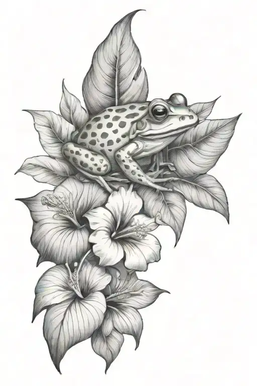 Litle Frog And Tropical Leaves And Hibiscus